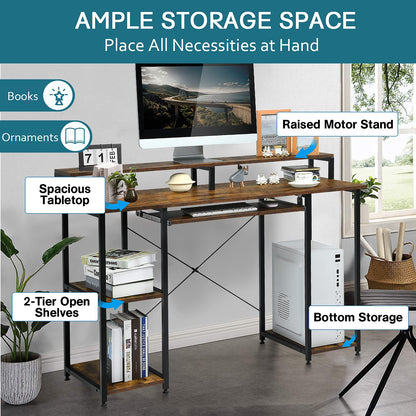 Wooden Laptop Desk, Industrial PC Table Workstation with Storage Shelves