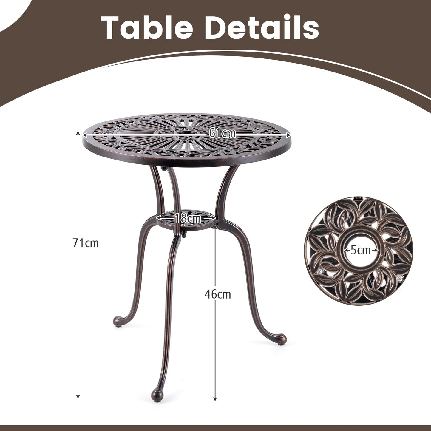 GiantexUK 61cm Round Garden Table, Cast Aluminum Patio Bistro Table with Umbrella Hole & Adjustable Foot Pads(3 Legs, 61 x 71cm)