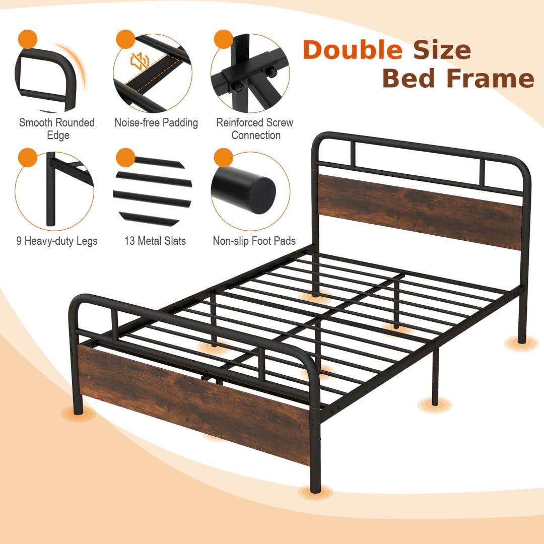 Single/Double/King Platform Bed Frame, Metal Slatted Mattress Foundation with Headboard & Footboard