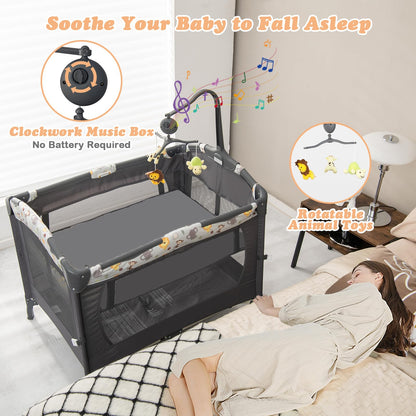 4 in 1 Portable Travel Cot, Foldable Baby Bedside Bassinet with Changing Table, Mattress, Music Box, Wheels & Brakes, Carry Bag