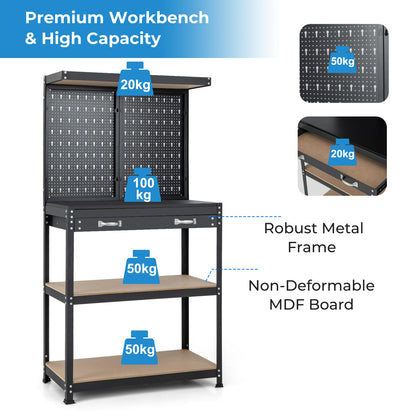 GiantexUK Workbench with Pegboard, Metal Frame Garage Work Bench with 13 Hanging Accessories