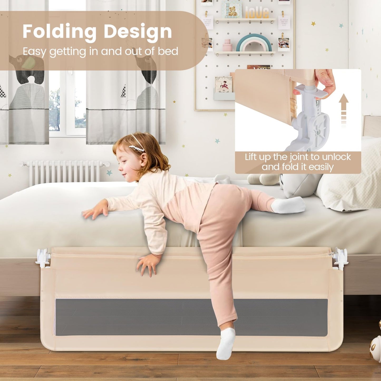 Bed Rail, 150cm Extra Long Toddler Safety Protection Guard, Folding Anti-Fall Beds Mesh Guardrail for Baby Kids