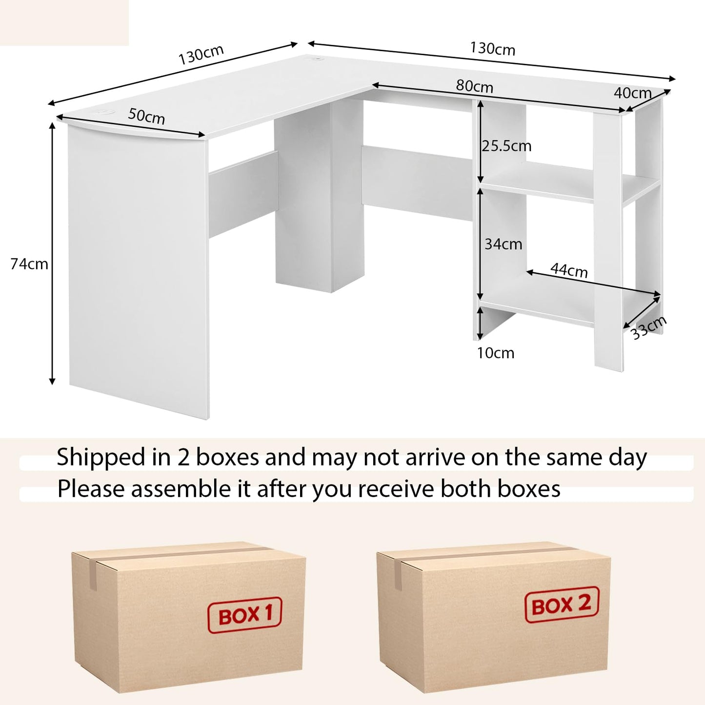 L-Shaped Computer Desk, Modern Large Corner Desk Writing Study Table with Storage Shelves and Cable Holes