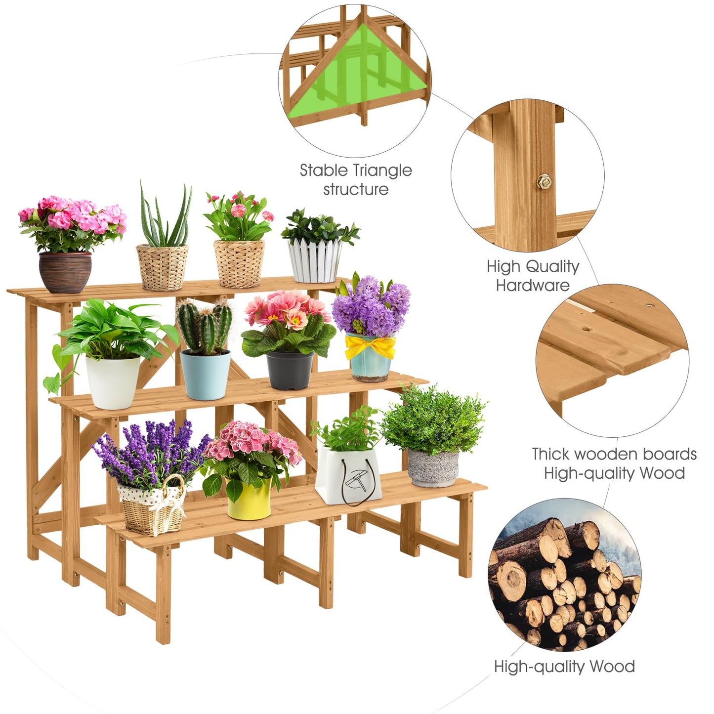 3-Tier Plant Stand, Fir Wood High Low Pots Ladder Shelf Rack with Slatted Tiers, Indoor Outdoor Flowers Display