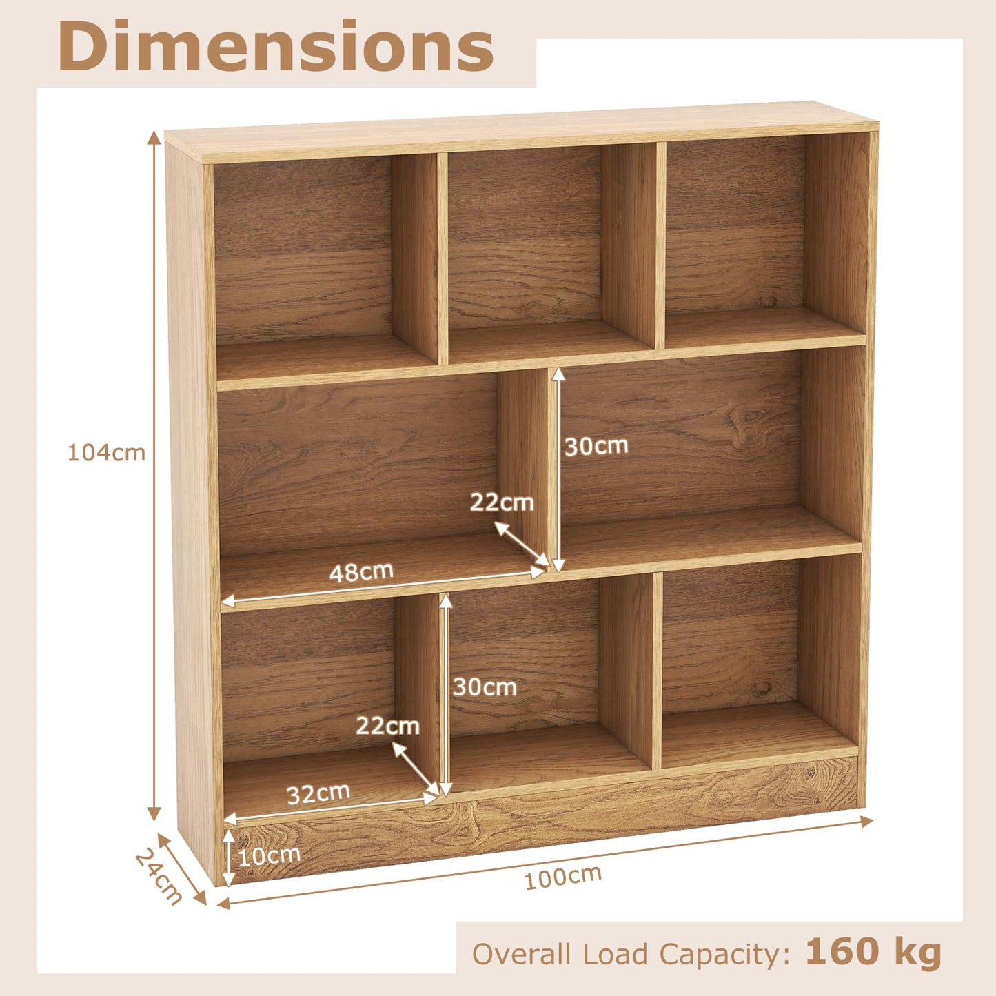 Wooden Cube Bookcase, 3 Tier Open Storage Shelving Unit with 8 Compartments, 100 x 24 x 104cm