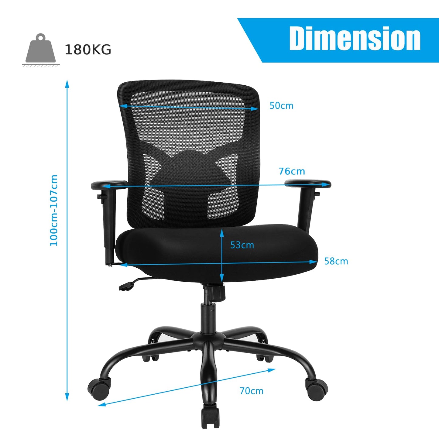 400LBS Big and Tall Mesh Office Chair, Height Adjustable Computer Desk Chair with Rocking Backrest