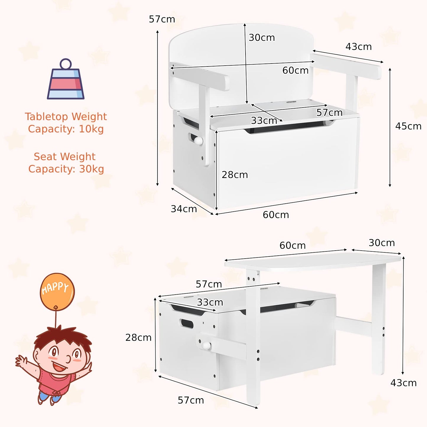 3 in 1 Toddler Table and Chair Set, Convertible Kids Bench Storage Chest with Safety Hinge