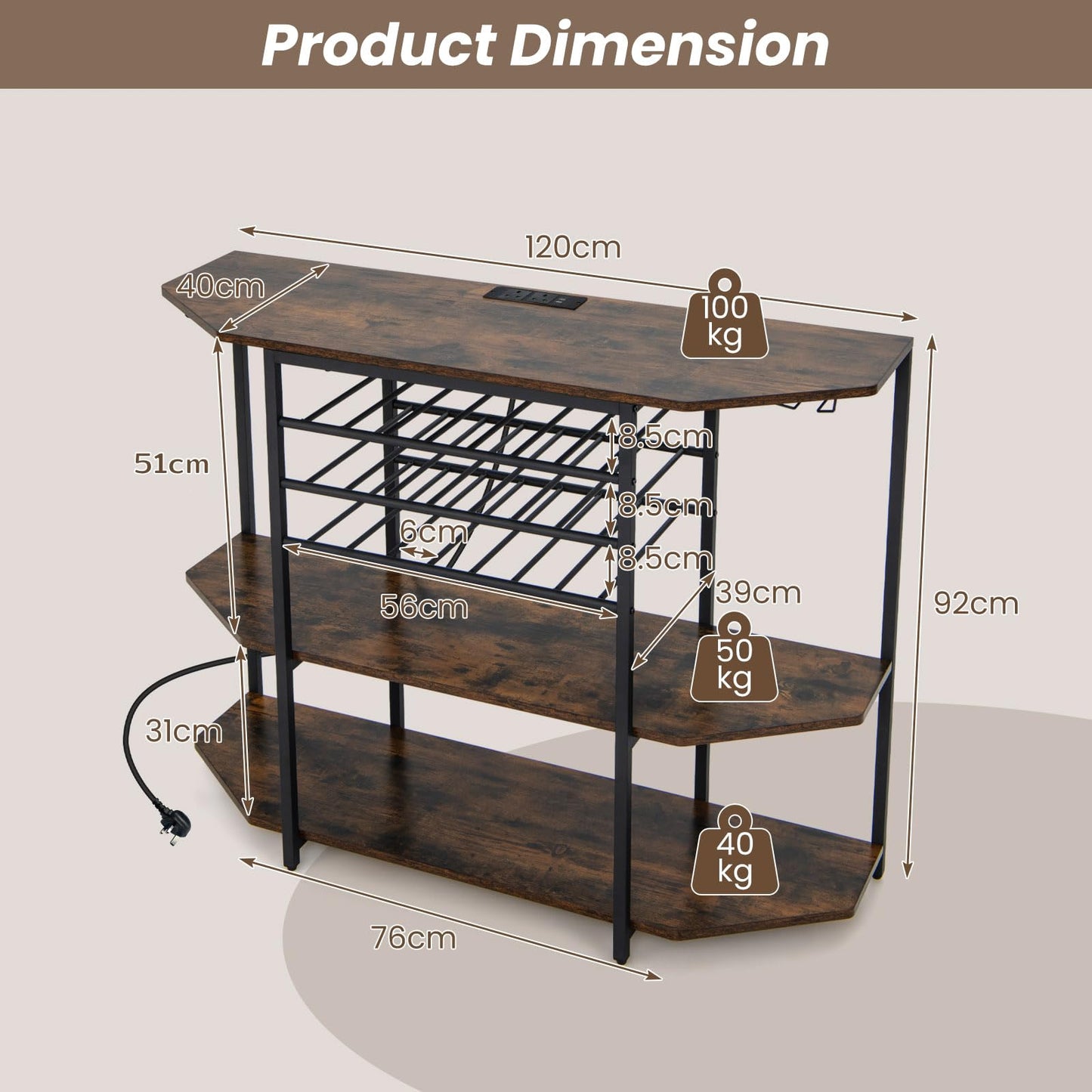 GiantexUK Wine Bar Cabinet, 3-Tier Kitchen Bar Table with 21 Bottles Wine Rack, Glass Holder, Charging Station & Adjustable Foot Pads