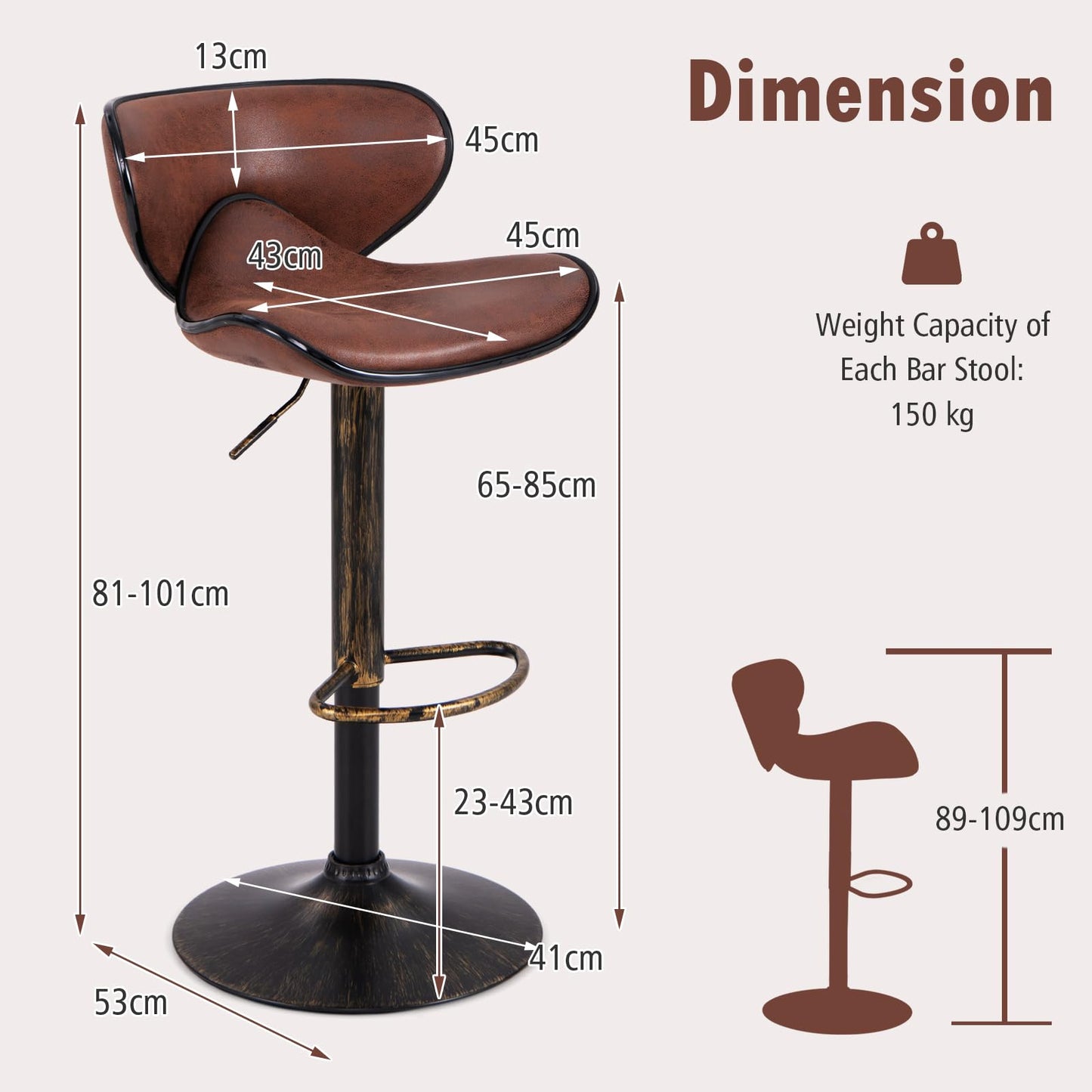 Bar Stools Set of 2, Adjustable Height 360° Rotatable Counter Dining Chair with Swivel Gas Lift