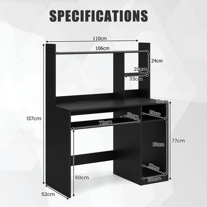 Computer Desk with Storage Bookshelf, Wooden Writing Table Workstation with USB Charging Station (Black)