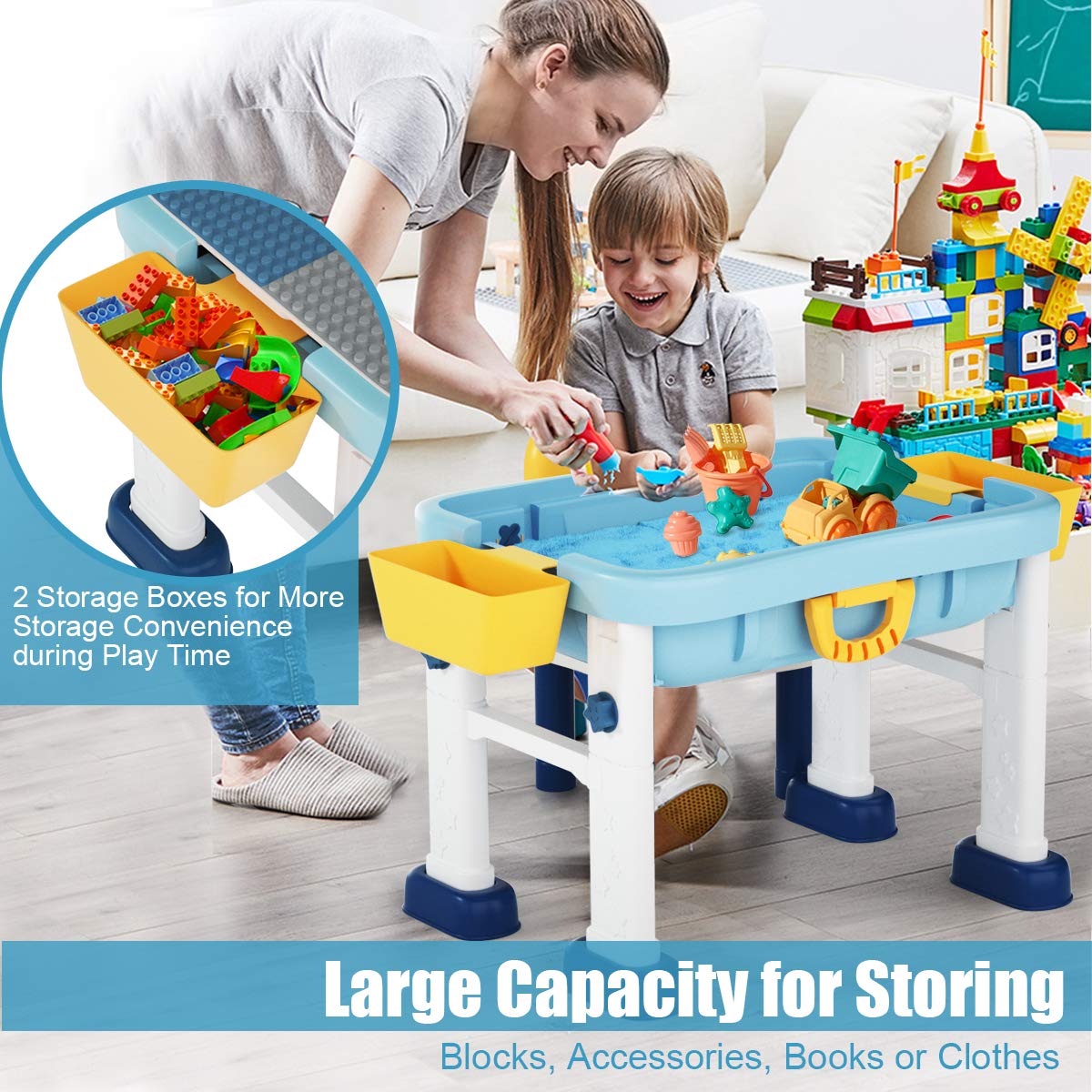 Kids Building Blocks Table and Chair Set, Height Adjustable Activity Table with Double-Side Tabletop