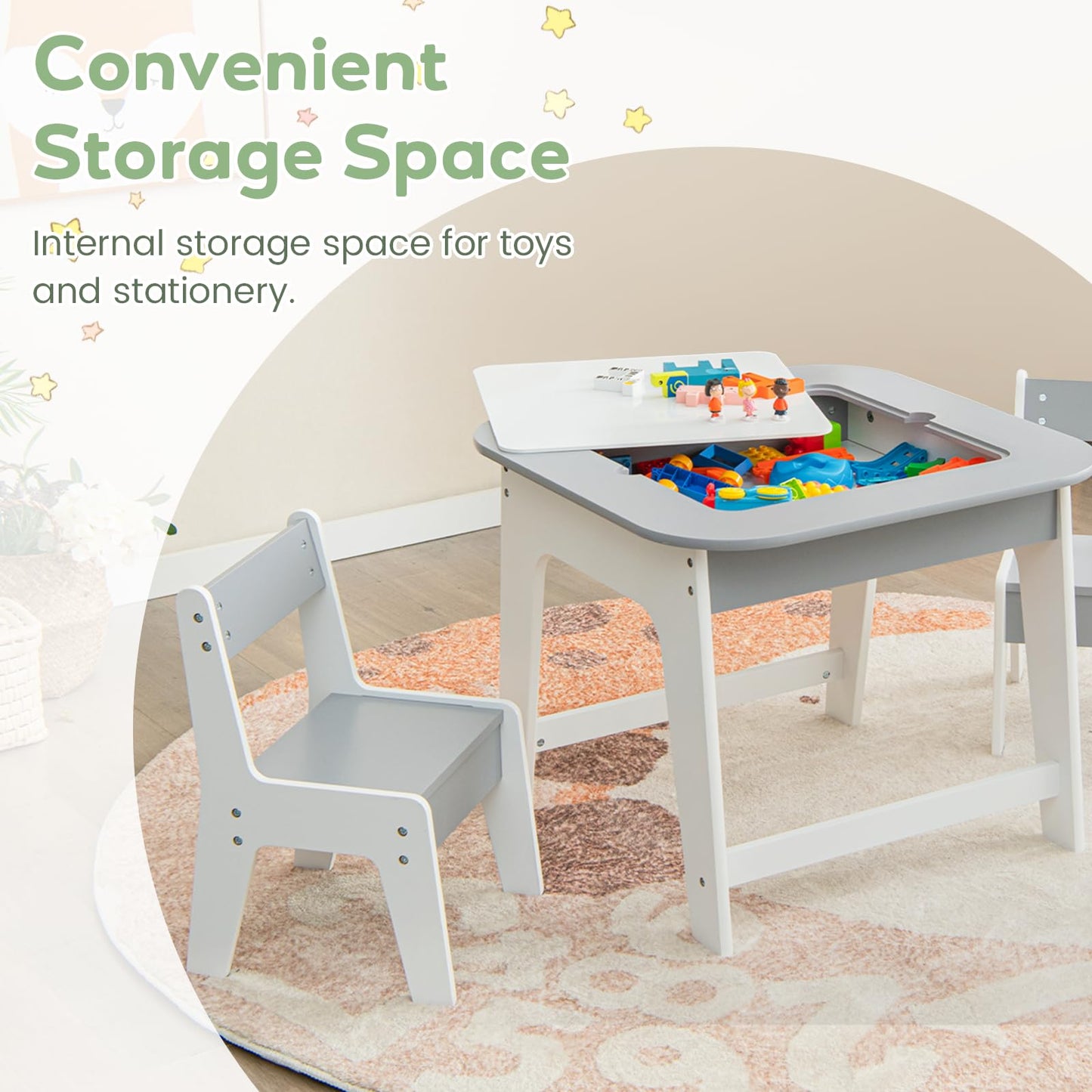 Kids Table and Chairs Set, Wooden Toddler Activity Table Set with Double-Sided Tabletop and Hidden Storage