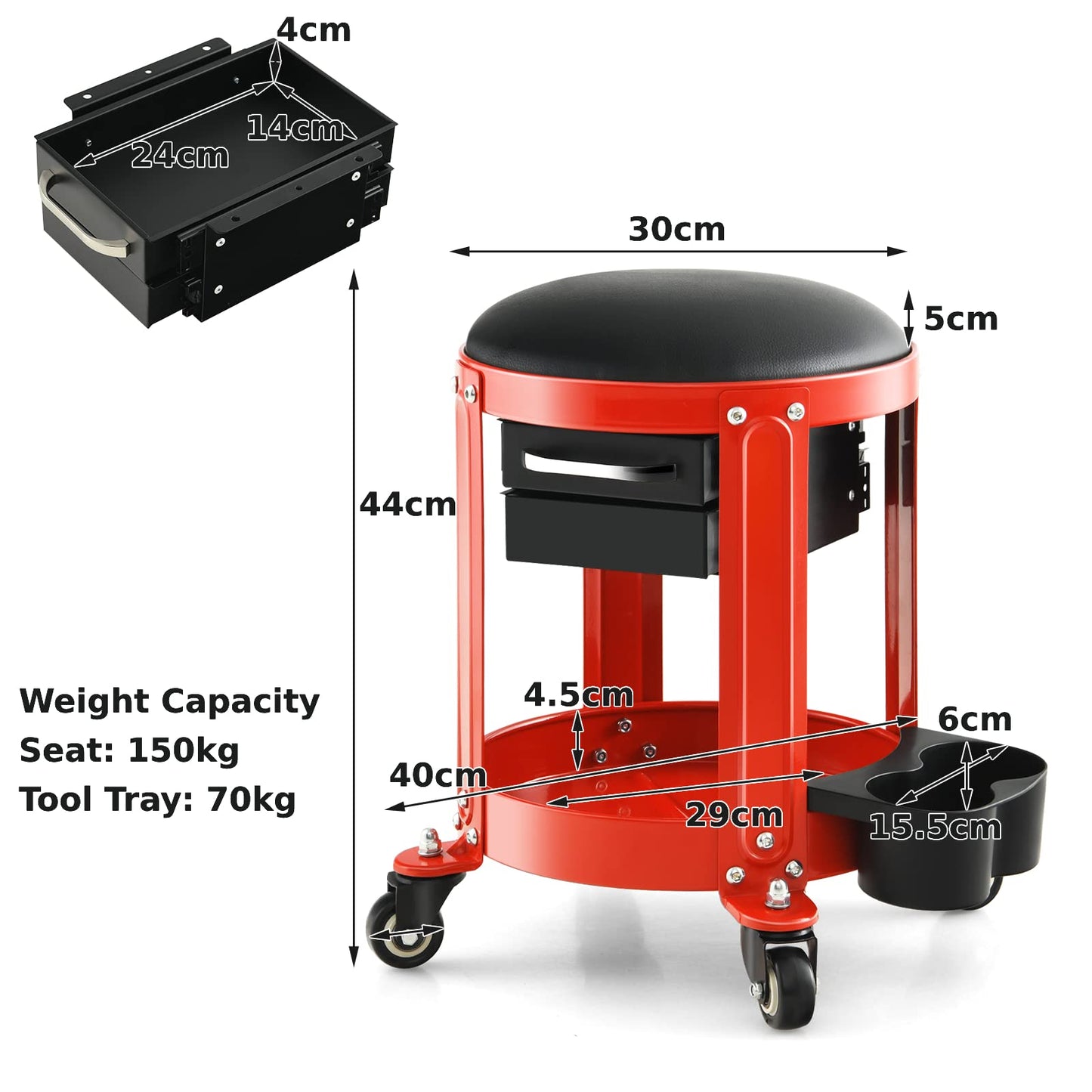 GiantexUK Pneumatic Rolling Mechanic Stool, 2 Drawers Workshop Creeper Seat with 4 Universal Casters