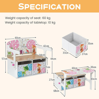 Kids Table and Chair Set, Convertible Toy Storage Bench with 2 Removable Fabric Bins