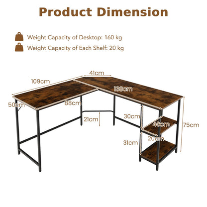 L-shaped Computer Desk, Steel Frame Office Desk Corner Writing Desk with Storage Shelves