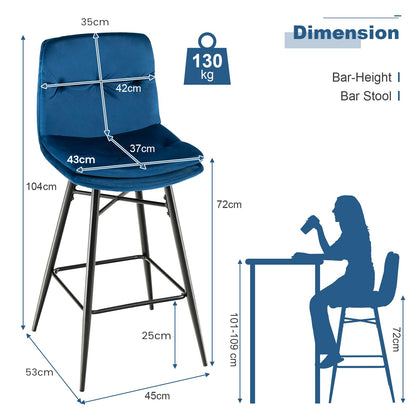 GiantexUK Bar Stools Set of 2, Velvet Upholstered Kitchen Barstools with Curved Tufted Back & Footrests