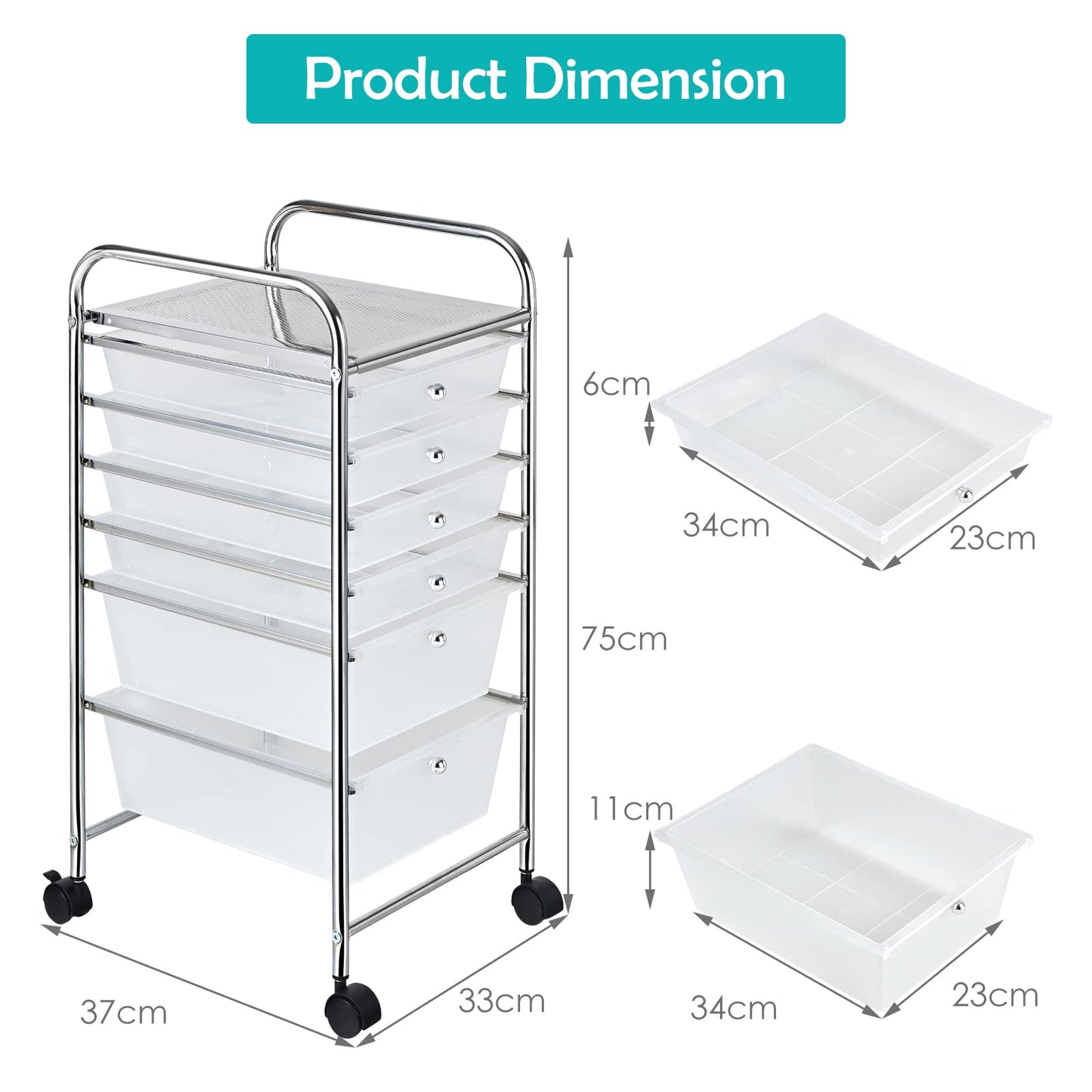 GiantexUK 6 Drawers Storage Trolley, Multipurpose Utility Rolling Cart on Wheels, Plastic Shelving Organizer Unit (6 Drawers, Transparent)