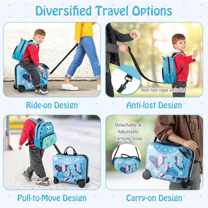 2 PCS Kids Luggage Set, 12” Backpack + 18” Ride-on & Carry-on Suitcase with Footrest (Dinosaur, Blue)