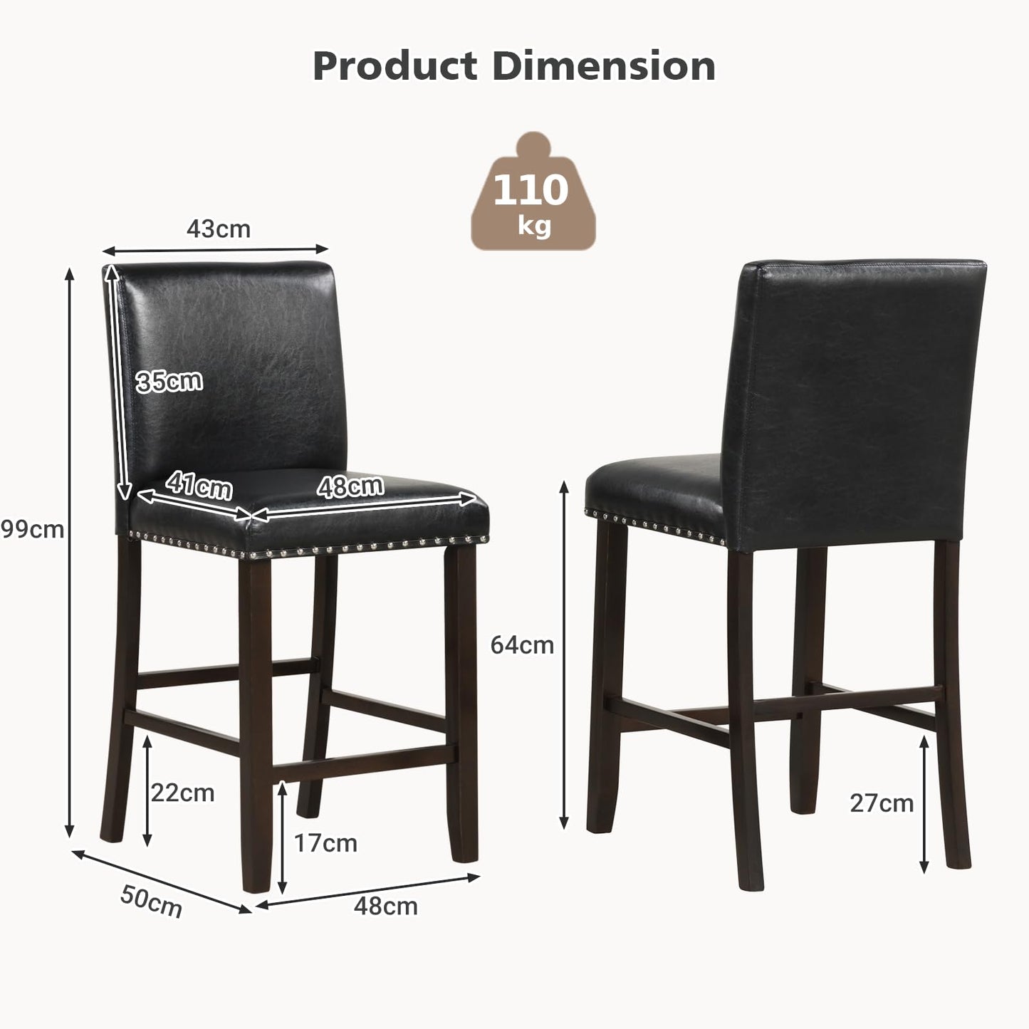 GiantexUK Bar Stools Set of 2/4, Upholstered Barstools with Padded Backrest & Footrests, Counter Height Breakfast Bar Chairs(Black)