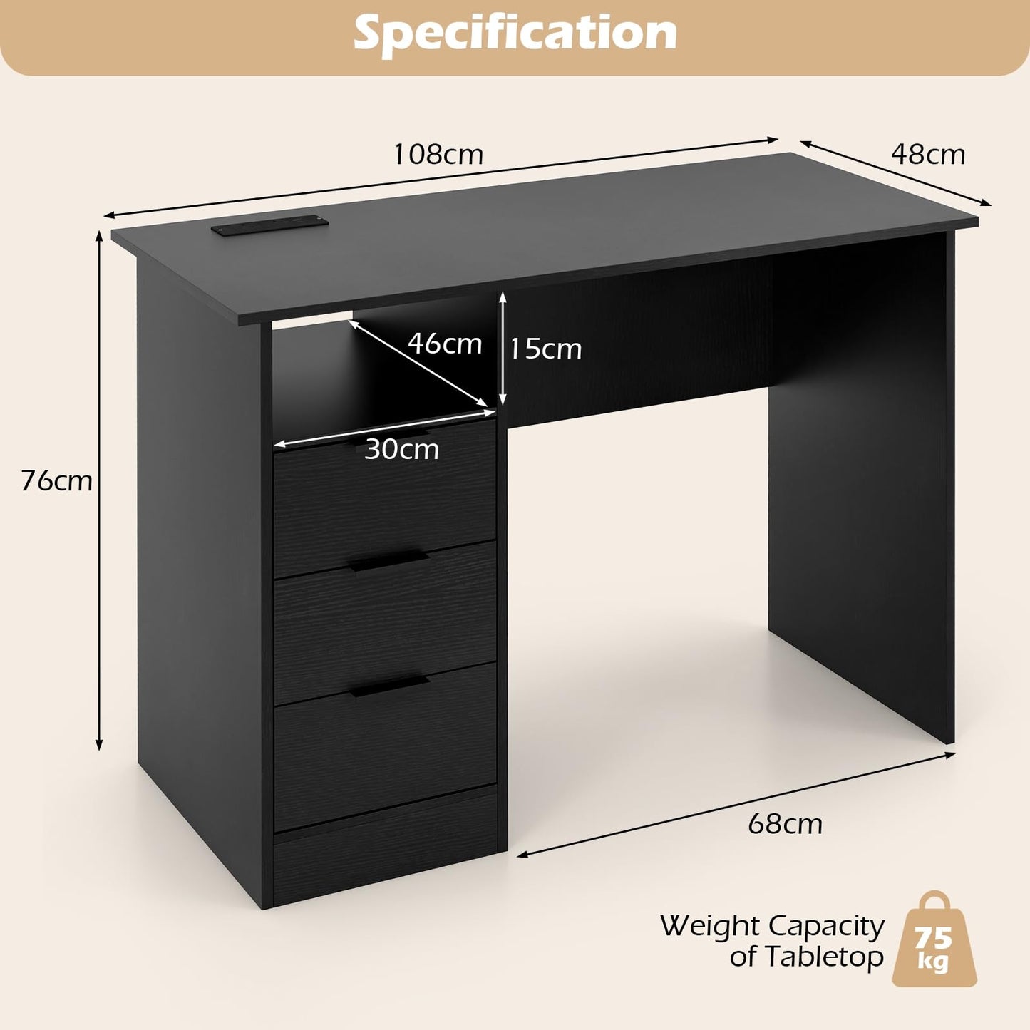 Computer Desk, Wooden Study Table Writing Workstation with Power Outlet, USB Ports, 3 Storage Drawers and Open Compartment