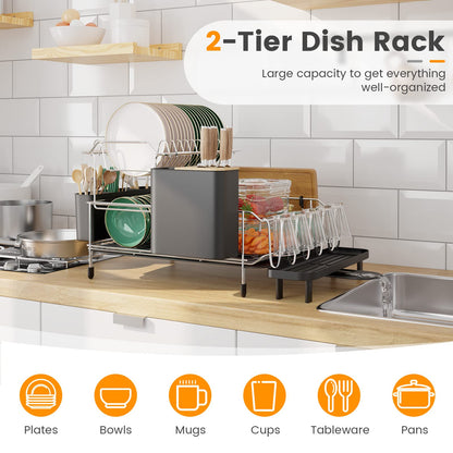 GiantexUK 2-Tier Dish Drainer Rack, Metal Frame Dish Drying Rack with Bowl Rack, Removable Dish Rack