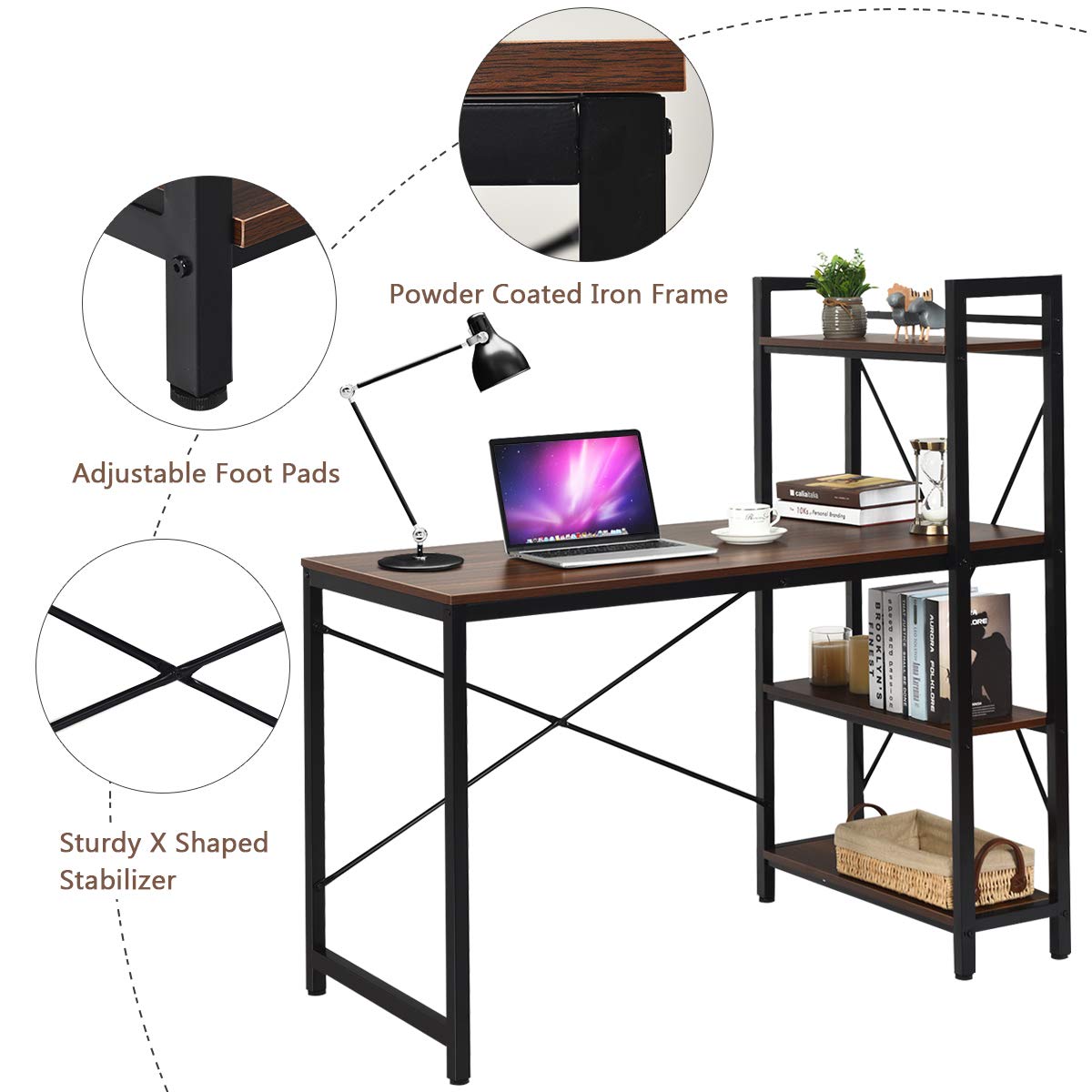 Computer Desk, Steel Frame Wooden Writing Workstation PC Laptop Table with 4-Tier DIY Storage Shelves