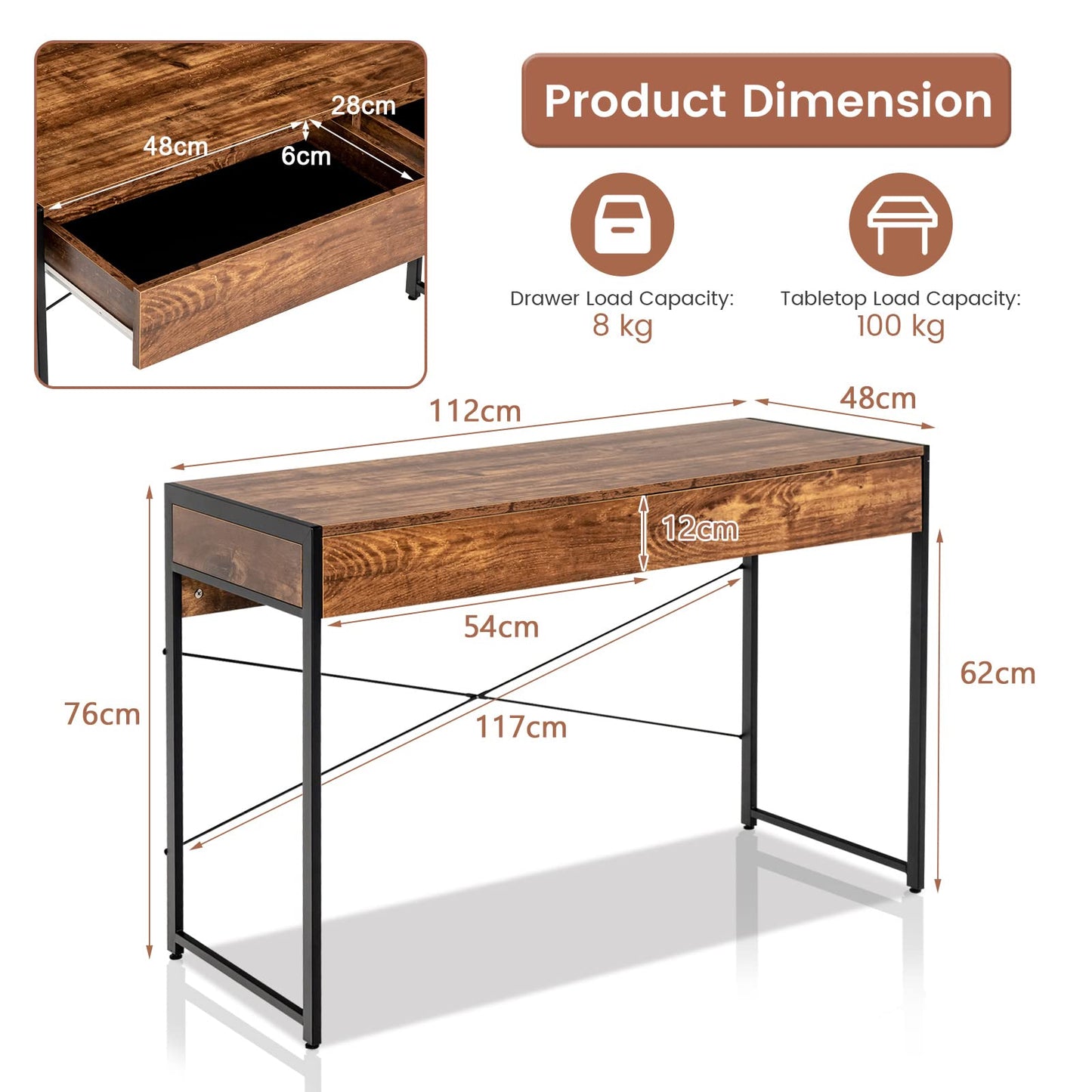 Computer Desk, Wooden PC Laptop Table Writing Workstation with 2 Drawers, 112 x 48 x 76cm