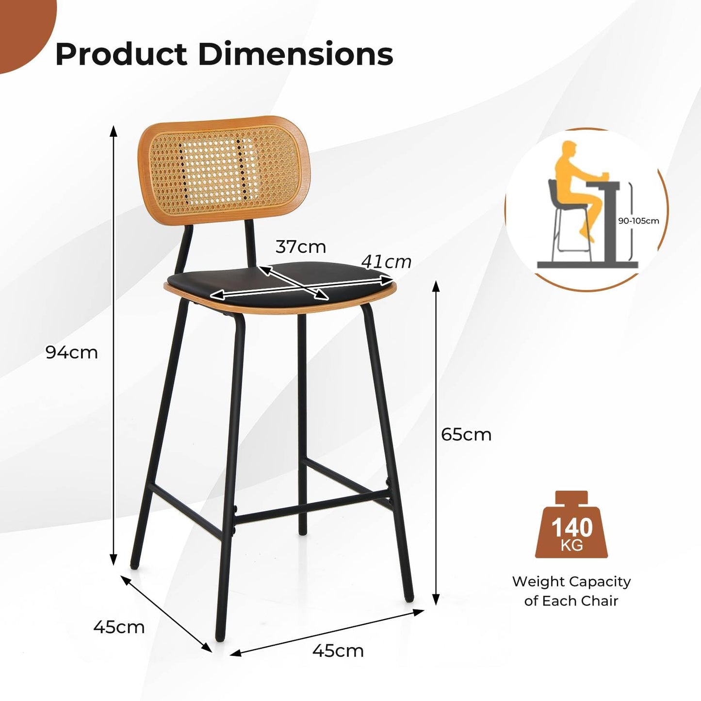 GiantexUK Bar Stools Set of 2, PU Leather Upholstered Barstools with Rattan Backrest, for Kitchen Dining Living Room Office