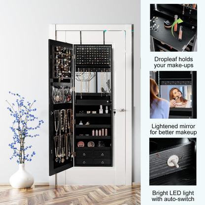 LED Lights Jewelry Cabinet, 2-In-1 Wall-mounted/Door Hanging Makeup Storage Armoire with Full Length Mirror