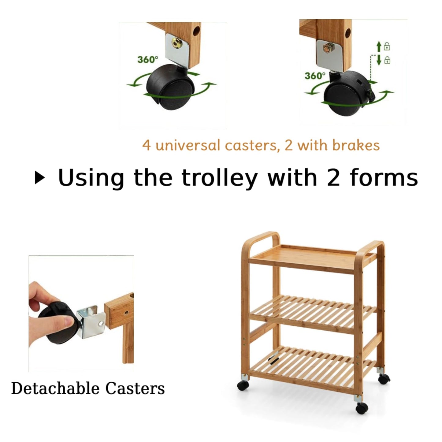 GiantexUK 3/4-Tier Rolling Cart, Multi-Function Bamboo Storage Trolley with Removable Wheels(3 Tier, 58 x 33 x 76cm)