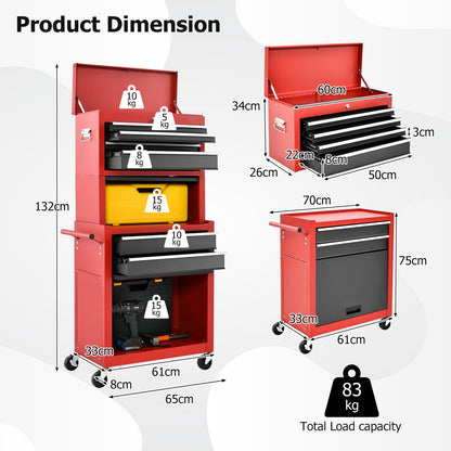 GiantexUK Tool Cabinet, 2 in 1 Lockable Metal Tool Chest with Removable Top Cabinet, Wheels, 6 Drawers (with Middle Toolbox)