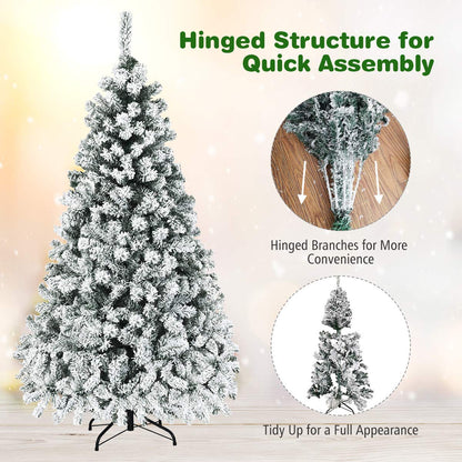 6FT Flocked Christmas Tree, Pre-Lit Artificial Decoration Tree with 600 PVC Branch Tips and 250 LED Lights