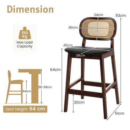 GiantexUK Bar Stools Set of 2, PU Leather Kitchen Barstools with PE Rattan Backrest, Footrests & Non-Slip Foot Pads