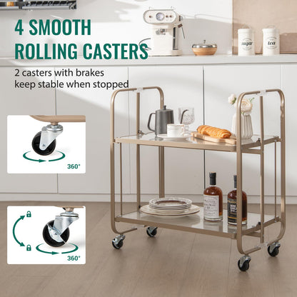 GiantexUK 2-Tier Folding Kitchen Trolley, Metal Frame Rolling Utility Cart with Lockable Wheels