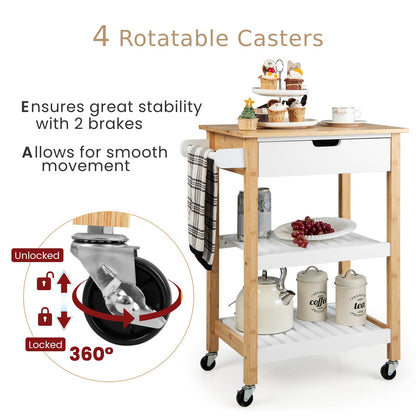 GiantexUK Kitchen Storage Trolley on Wheels, Serving Cart with Bamboo Worktop, Drawer, Storage Shelves