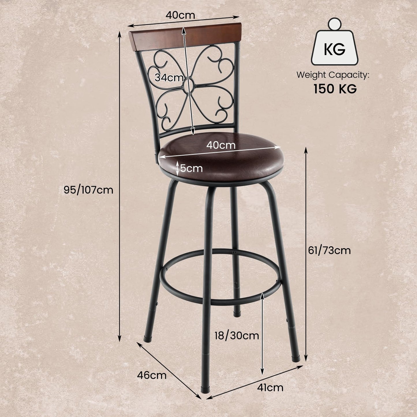 GiantexUK Bar Stools Set of 2/4, PU Leather Height Adjustable Swivel Barstools with Backrest & Footrest, Black+Brown