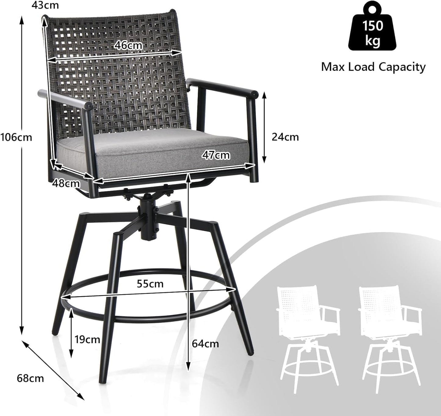 GiantexUK 2PCS Patio Barstools, Outdoor Swivel Stools Pub Chairs with Rattan Back, Removable Cushion