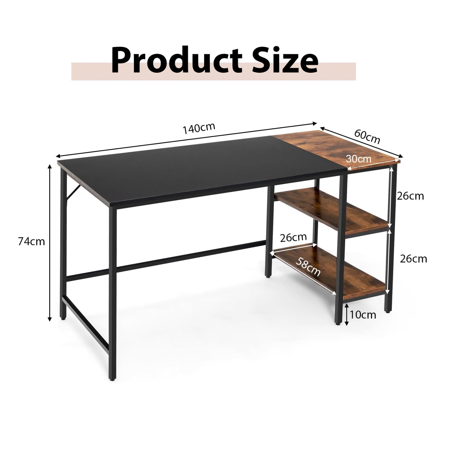 Computer Desk, 140x60x74cm Industrial Study Table Writing Workstation with Storage Shelf