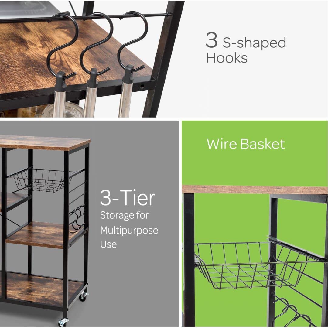 GiantexUK Kitchen Baker's Rack, Microwave Oven Stand with Mesh Baskets, Wheels & Hooks, Industrial Storage Shelves (on Wheels, with Hooks, 1 Basket)