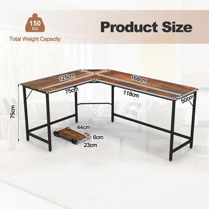 L-Shaped Computer Desk, 168cm Metal Frame Corner Writing Workstation with Charging Station