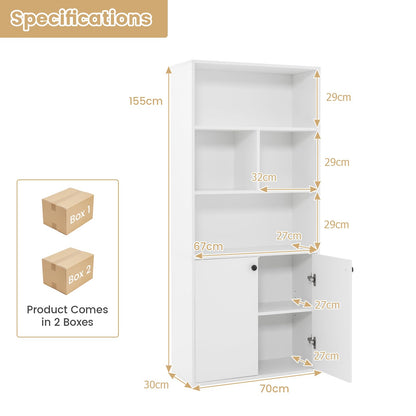 Wooden Bookcase, 155cm Tall Bookshelf with 4 Open Cubes, 2-Door Cabinet, 5-Level Adjustable Shelf & Non-toppling Kit