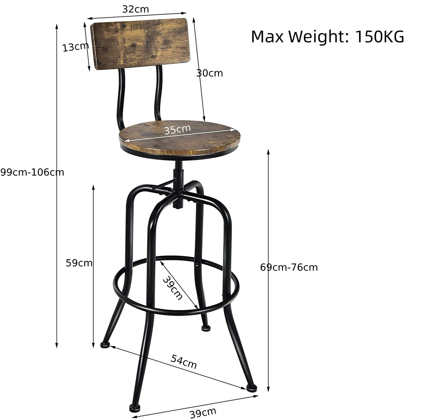 GiantexUK Bar Stools Set of 2/4, 360° Swivel Dining Chairs with Backrest and Footrest, Industrial Counter Stool Set for Pub Home Office