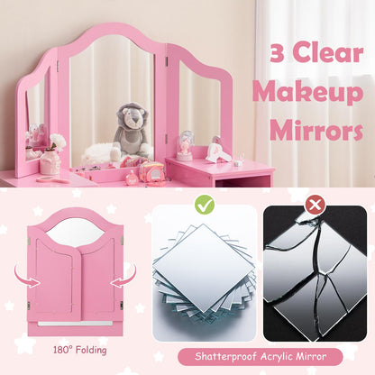 Kids Dressing Table with Tri-Folding Detachable Mirror, 4 Storage Bins, Girls Makeup Vanity Tables for Playroom Bedroom