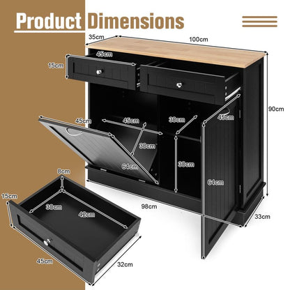 GiantexUK Kitchen Trash Bin Cabinet, Tilt Out Recycling Trash Can Cabinet with Rubber Wood Countertop