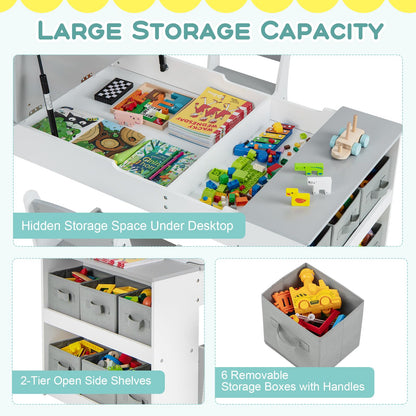 2-in-1 Kids Art Table and Chairs Set, Wooden Toddler Craft Easel Desk with 2-Tier Open Shelf, Storage Bins, Paper Roll and Paint Cups (5 Cups)