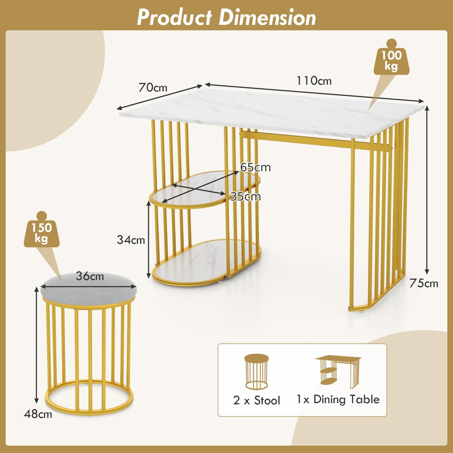 3 Piece Dining Table Set, Marble Effect Bar Table and Stools with 2-tier Storage Shelf