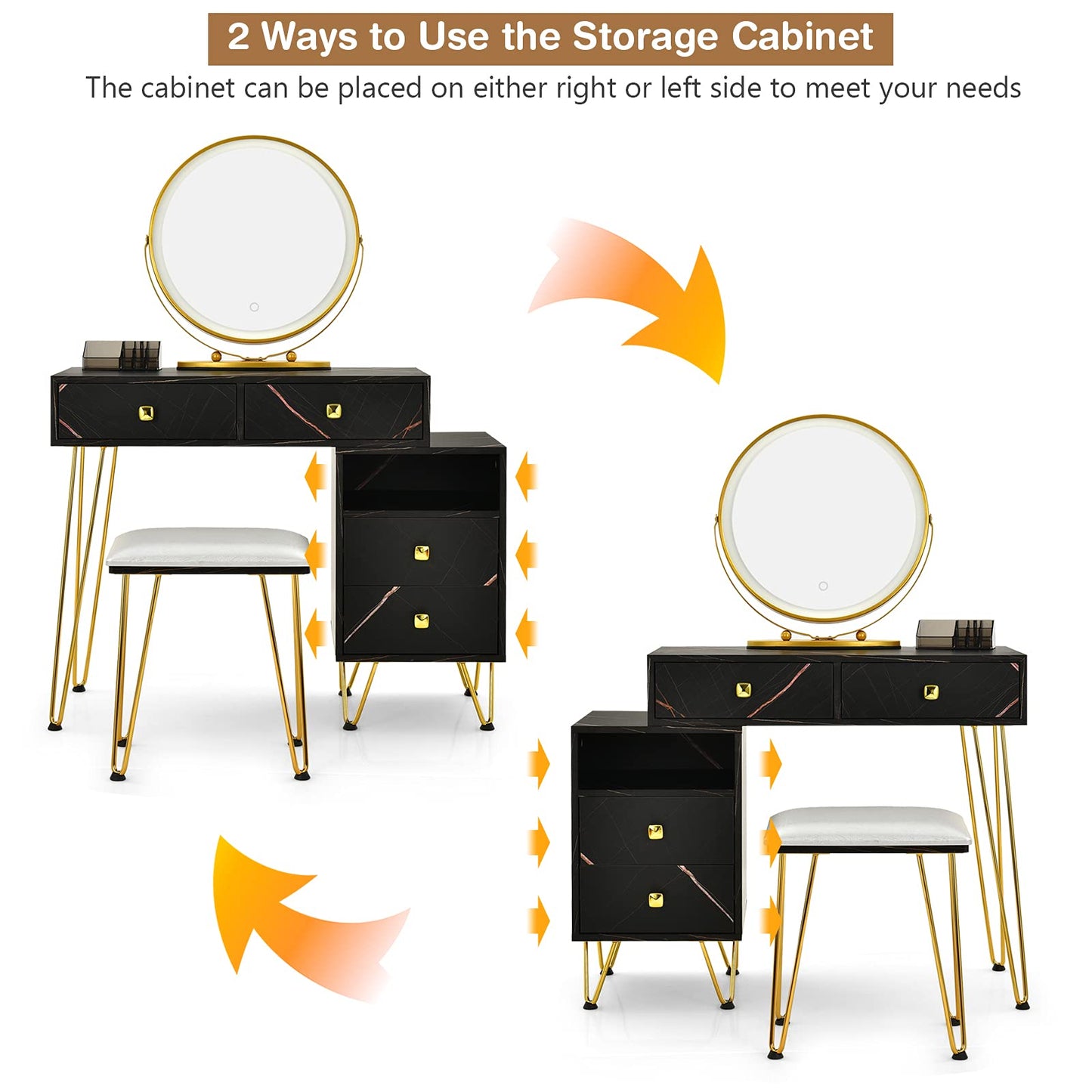 Dressing Table Set, Modern Vanity Makeup Table Stool Set with 3 Color Detachable LED Mirror (Black with Side Cabinet)