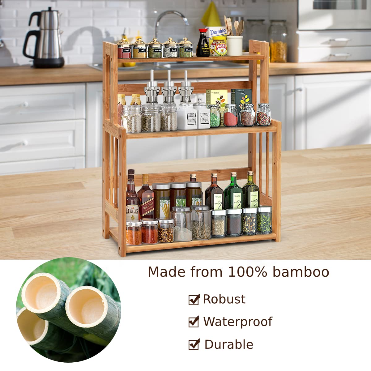 GiantexUK 3-Tier Spice Rack, Bamboo Kitchen Countertop Storage Organizer with Adjustable Shelf