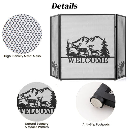 GiantexUK 3-Panel Folding Fire Guard, Heavy Duty Metal Mesh Fireplace Screen (Moose Pattern, 132x79cm)