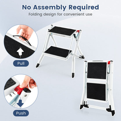 GiantexUK 2 Step Ladder, Metal Folding Ladder with Anti-Slip Wide Steps and Thickened Foot Caps